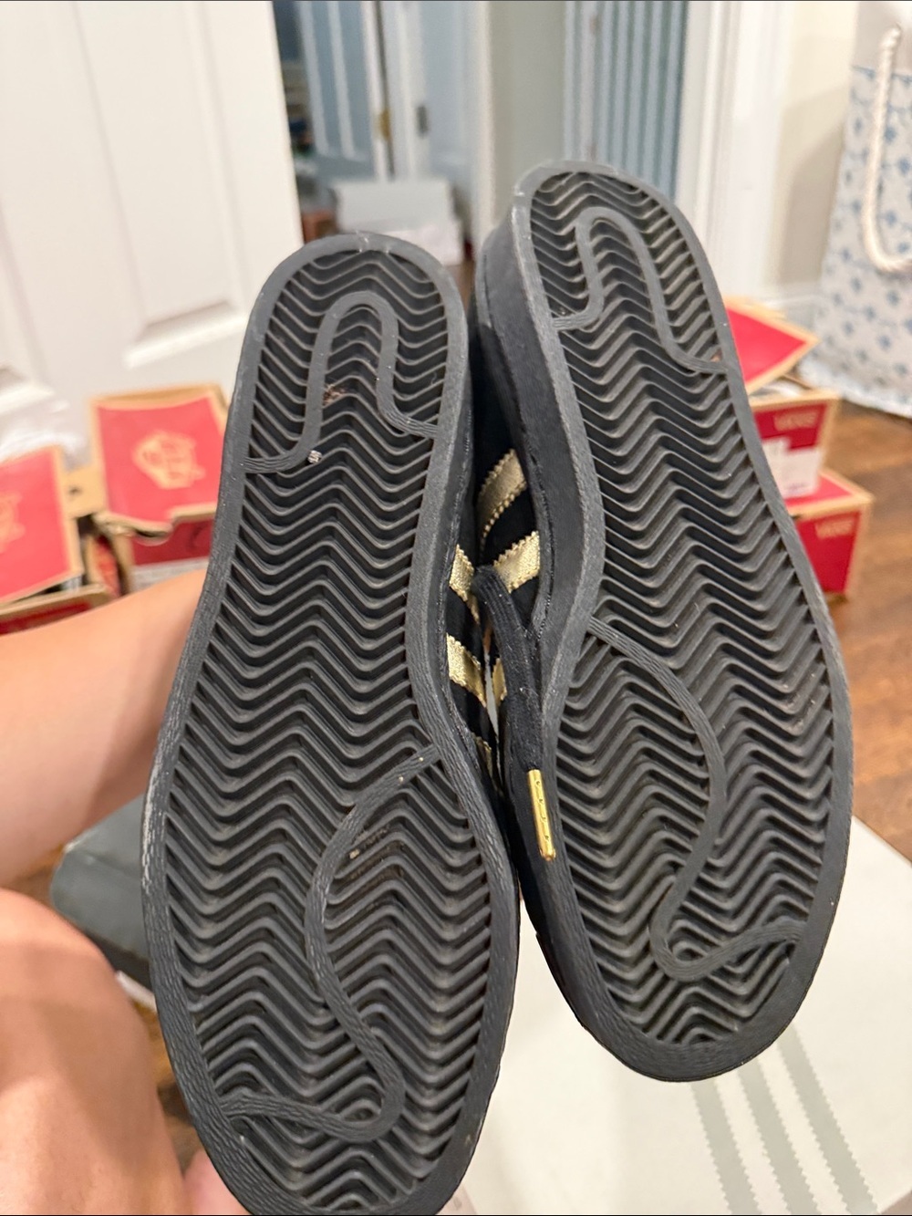 adidas Black Suede Superstar Sneakers with Gold Stripes - Picture 2 of 5